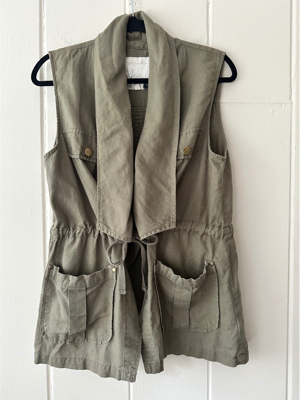 En Crème Olive Green Tie Waist Utility Cargo Vest Linen Cotton Blend Jacket Sz L